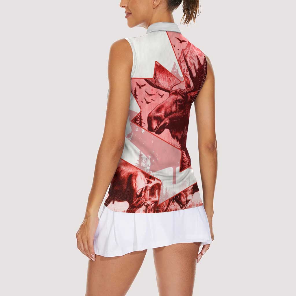 Canada Flag Women Sleeveless Polo Shirt Caribou Design with National Symbol