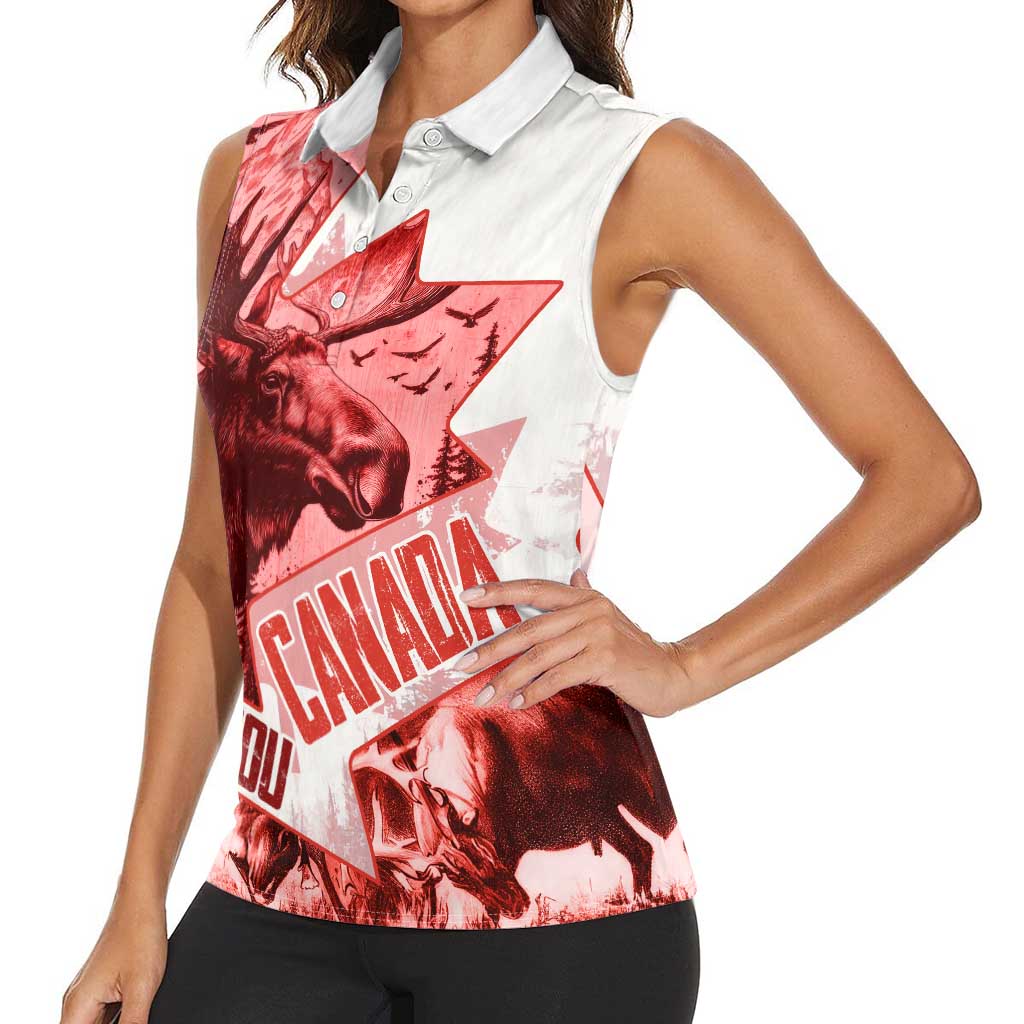 Canada Flag Women Sleeveless Polo Shirt Caribou Design with National Symbol