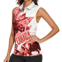 Canada Flag Women Sleeveless Polo Shirt Caribou Design with National Symbol
