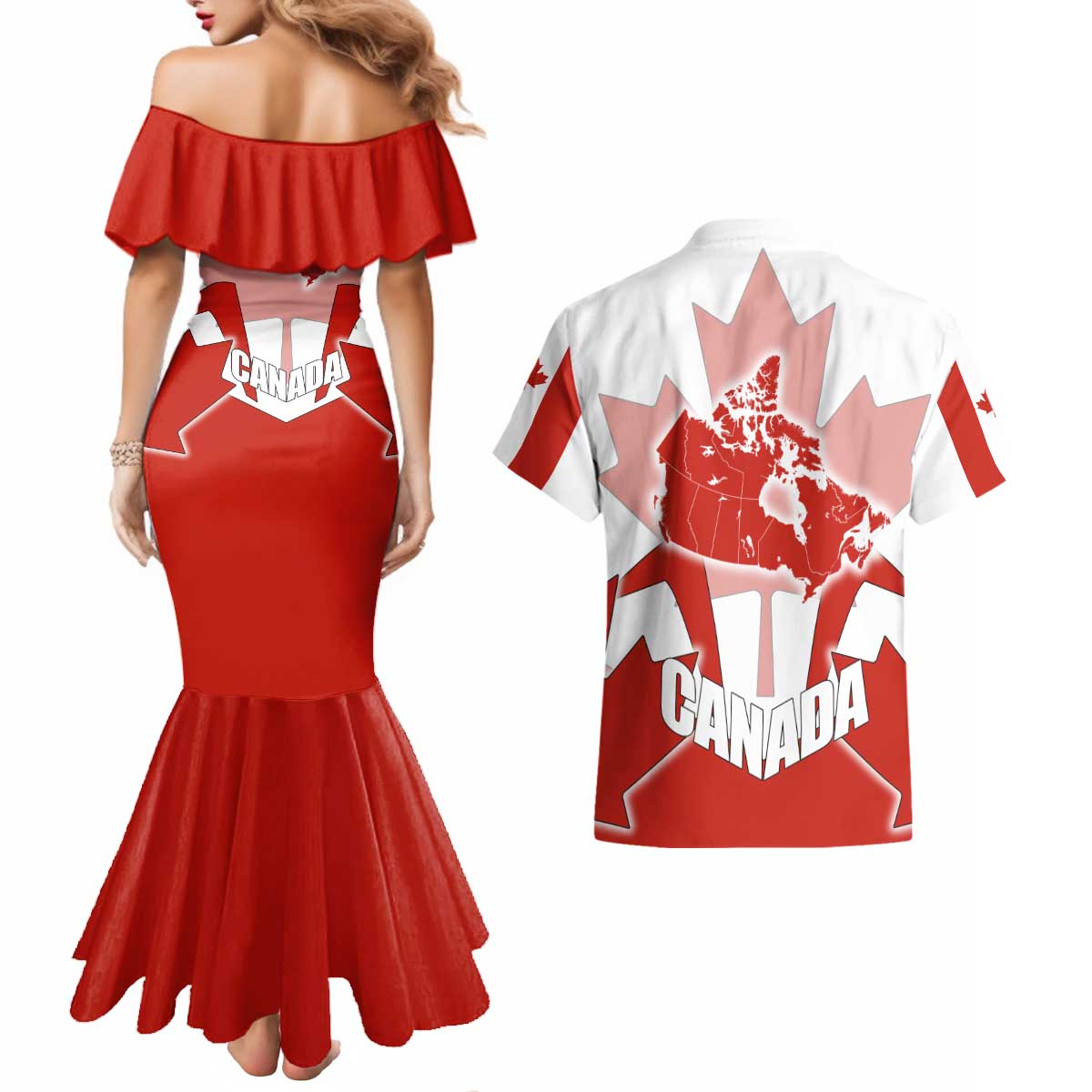 Canada Flag Couples Matching Mermaid Dress and Hawaiian Shirt National Map & Symbolic Design