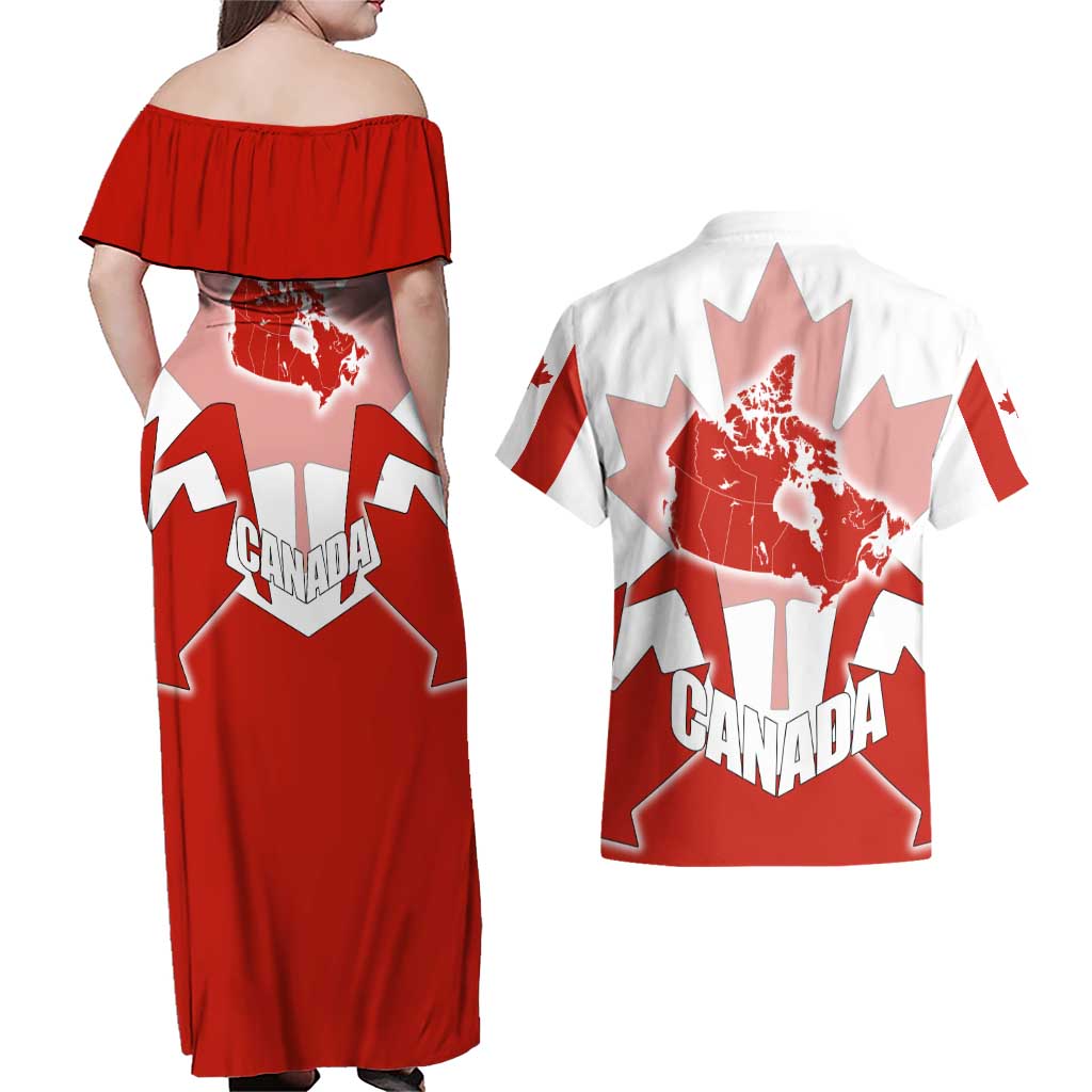Canada Flag Couples Matching Off Shoulder Maxi Dress and Hawaiian Shirt National Map & Symbolic Design