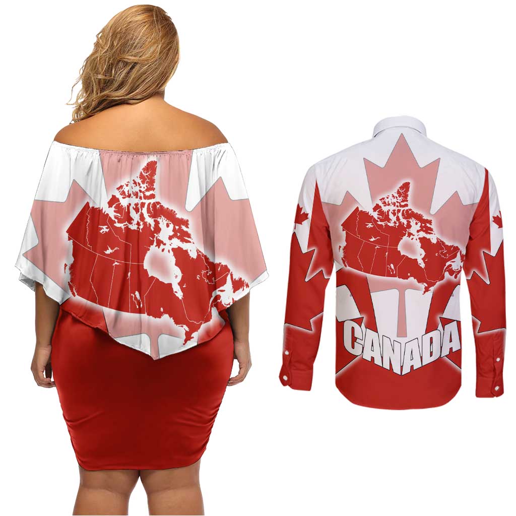 Canada Flag Couples Matching Off Shoulder Short Dress and Long Sleeve Button Shirt National Map & Symbolic Design