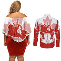 Canada Flag Couples Matching Off Shoulder Short Dress and Long Sleeve Button Shirt National Map & Symbolic Design
