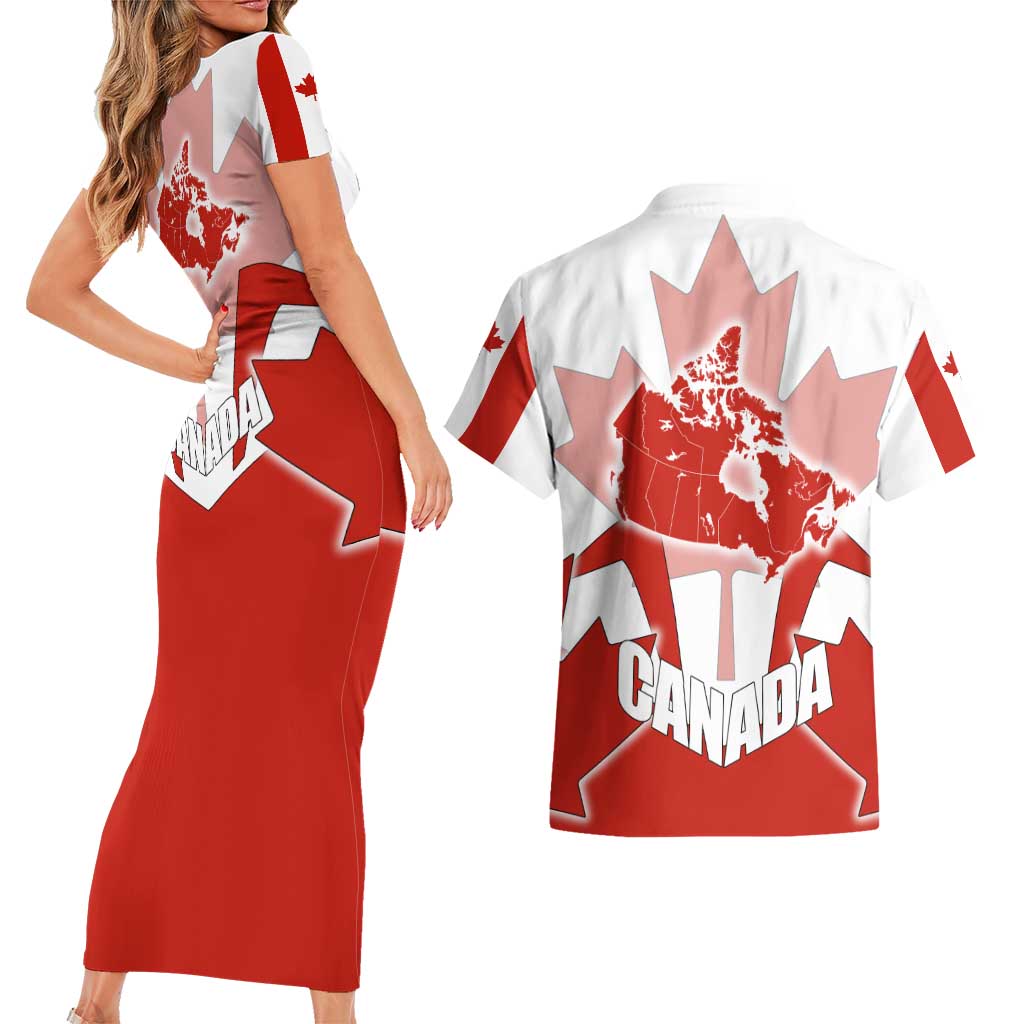 Canada Flag Couples Matching Short Sleeve Bodycon Dress and Hawaiian Shirt National Map & Symbolic Design