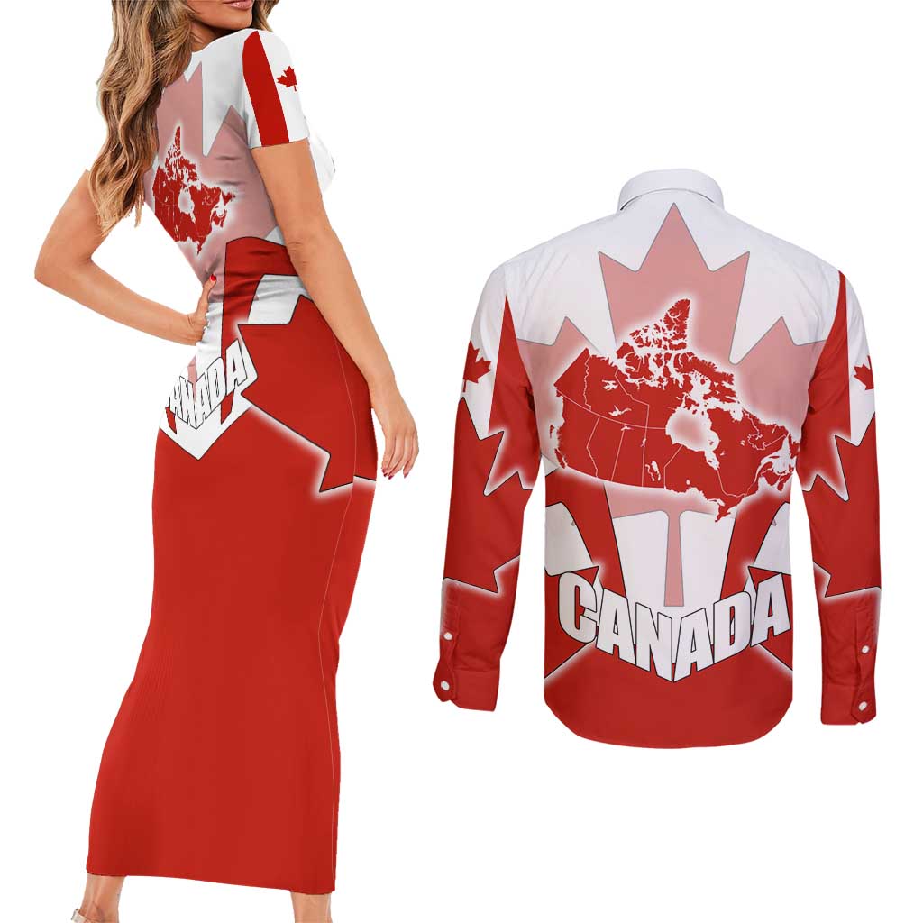 Canada Flag Couples Matching Short Sleeve Bodycon Dress and Long Sleeve Button Shirt National Map & Symbolic Design
