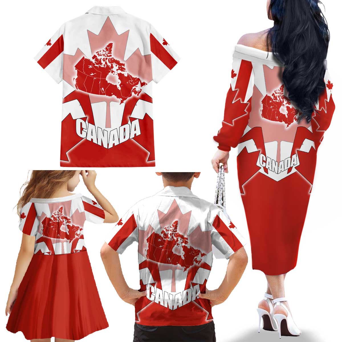 Canada Flag Family Matching Off The Shoulder Long Sleeve Dress and Hawaiian Shirt National Map & Symbolic Design