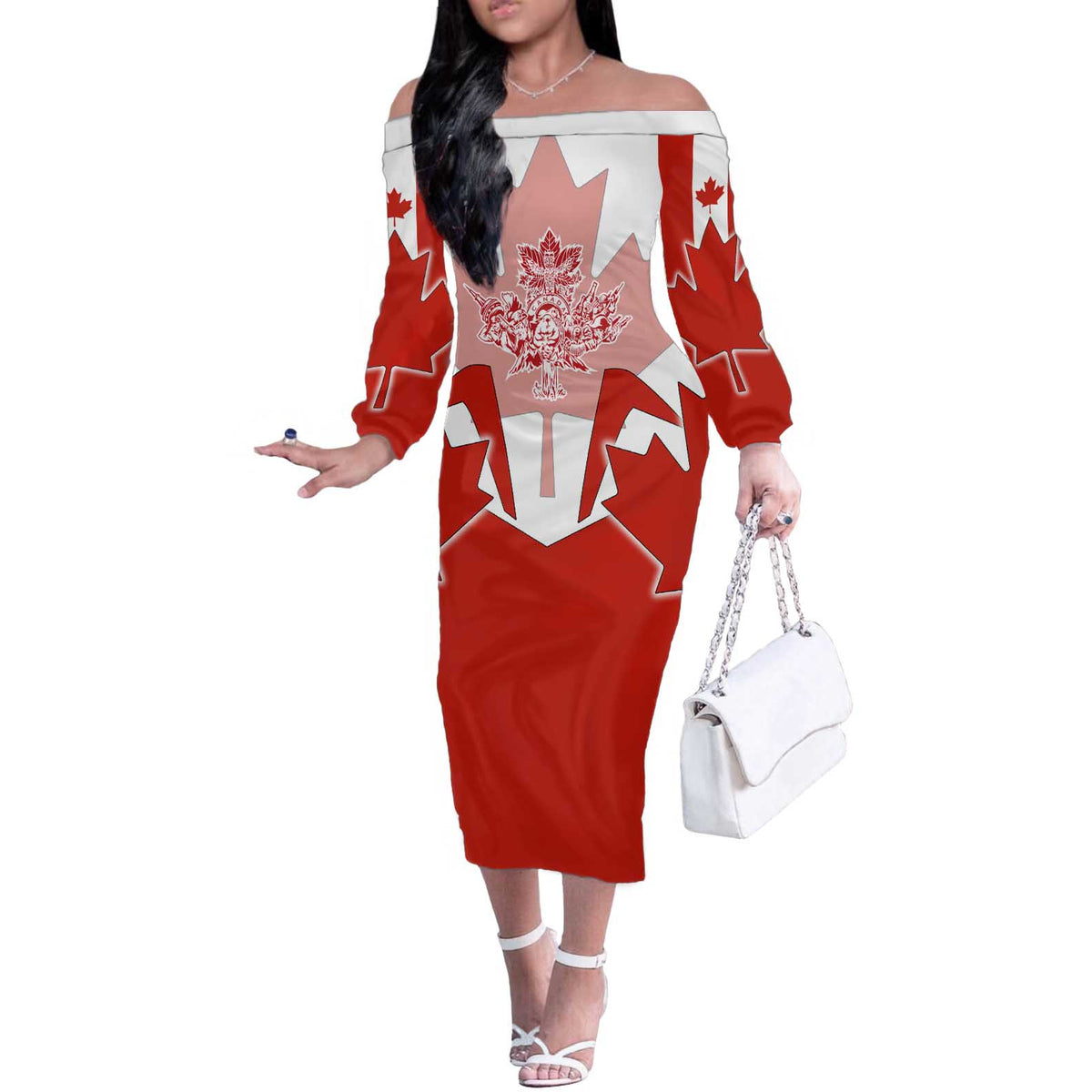 Canada Flag Off The Shoulder Long Sleeve Dress National Map & Symbolic Design