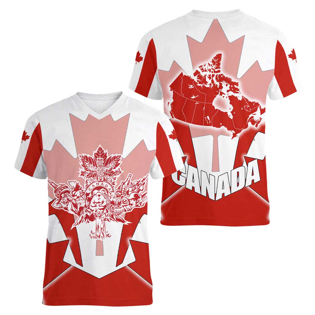 Canada Flag Women V-Neck T-Shirt National Map & Symbolic Design