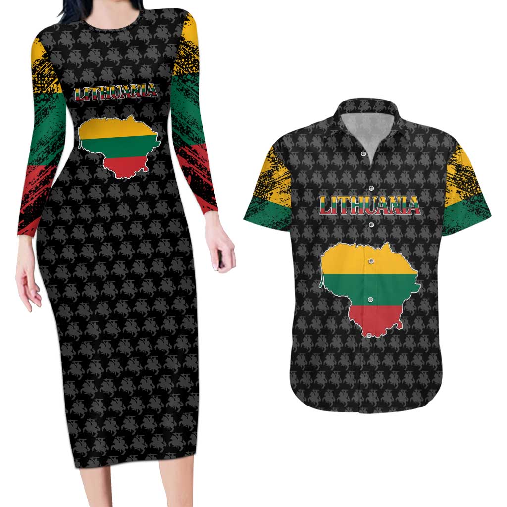 Lithuania Map Combined with National Coat of Arms Couples Matching Long Sleeve Bodycon Dress and Hawaiian Shirt Patriotic Design