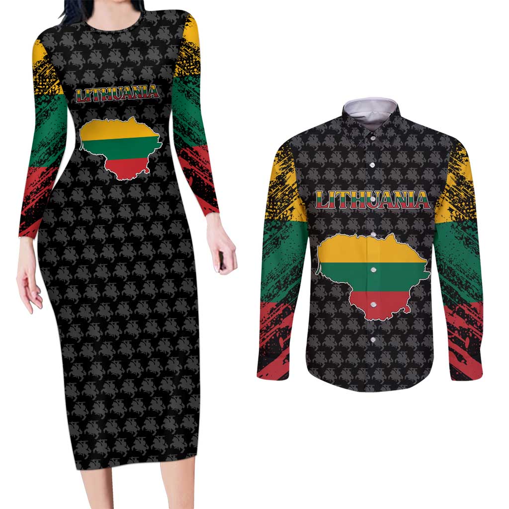 Lithuania Map Combined with National Coat of Arms Couples Matching Long Sleeve Bodycon Dress and Long Sleeve Button Shirt Patriotic Design