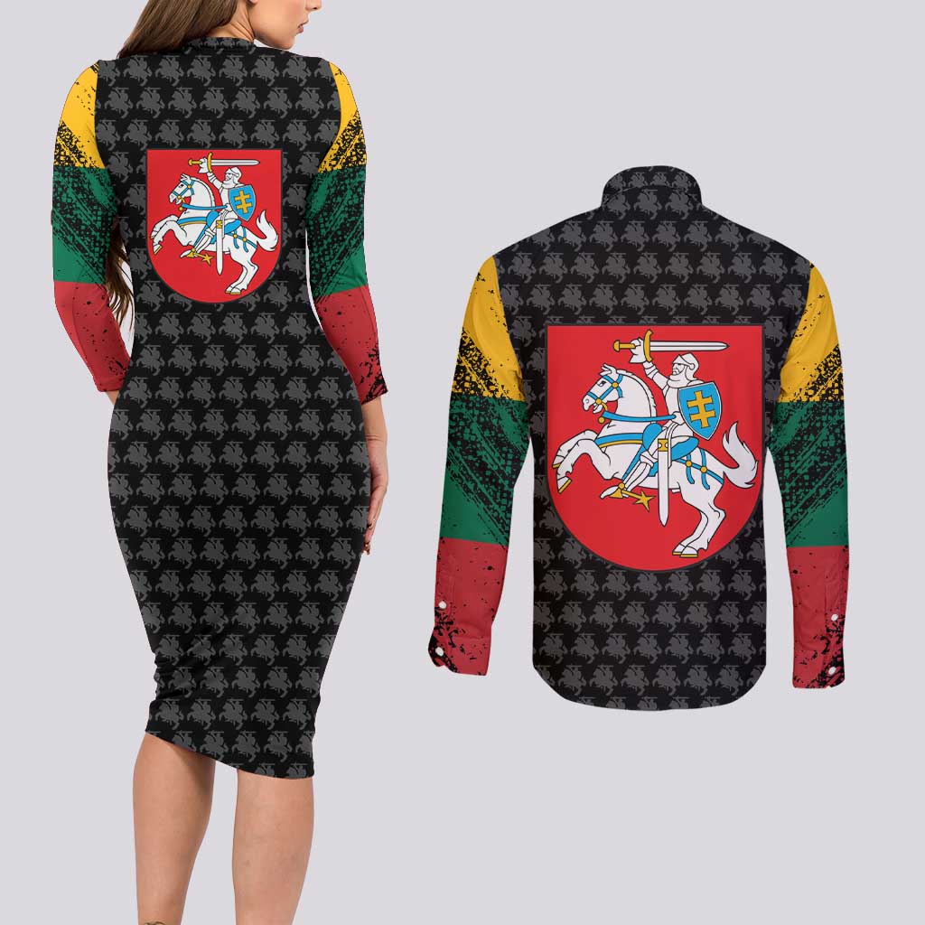Lithuania Map Combined with National Coat of Arms Couples Matching Long Sleeve Bodycon Dress and Long Sleeve Button Shirt Patriotic Design