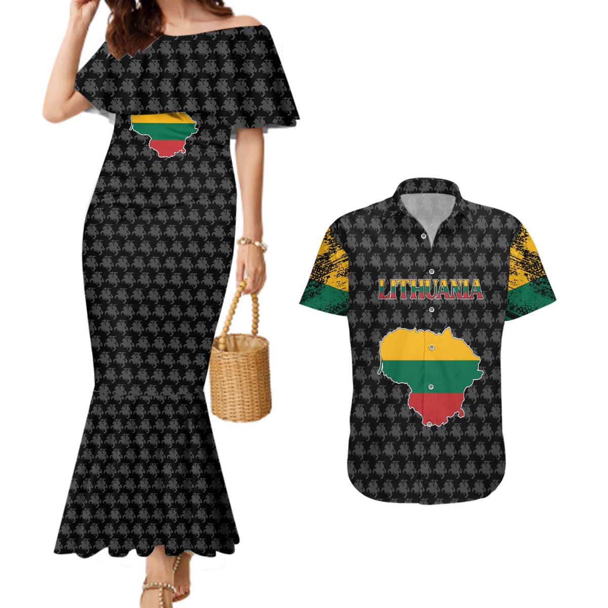 Lithuania Map Combined with National Coat of Arms Couples Matching Mermaid Dress and Hawaiian Shirt Patriotic Design