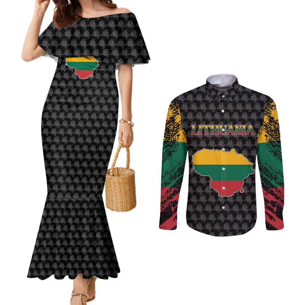 Lithuania Map Combined with National Coat of Arms Couples Matching Mermaid Dress and Long Sleeve Button Shirt Patriotic Design