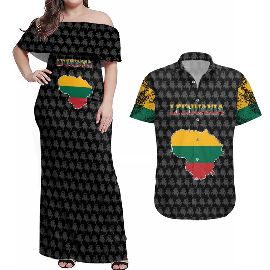 Lithuania Map Combined with National Coat of Arms Couples Matching Off Shoulder Maxi Dress and Hawaiian Shirt Patriotic Design