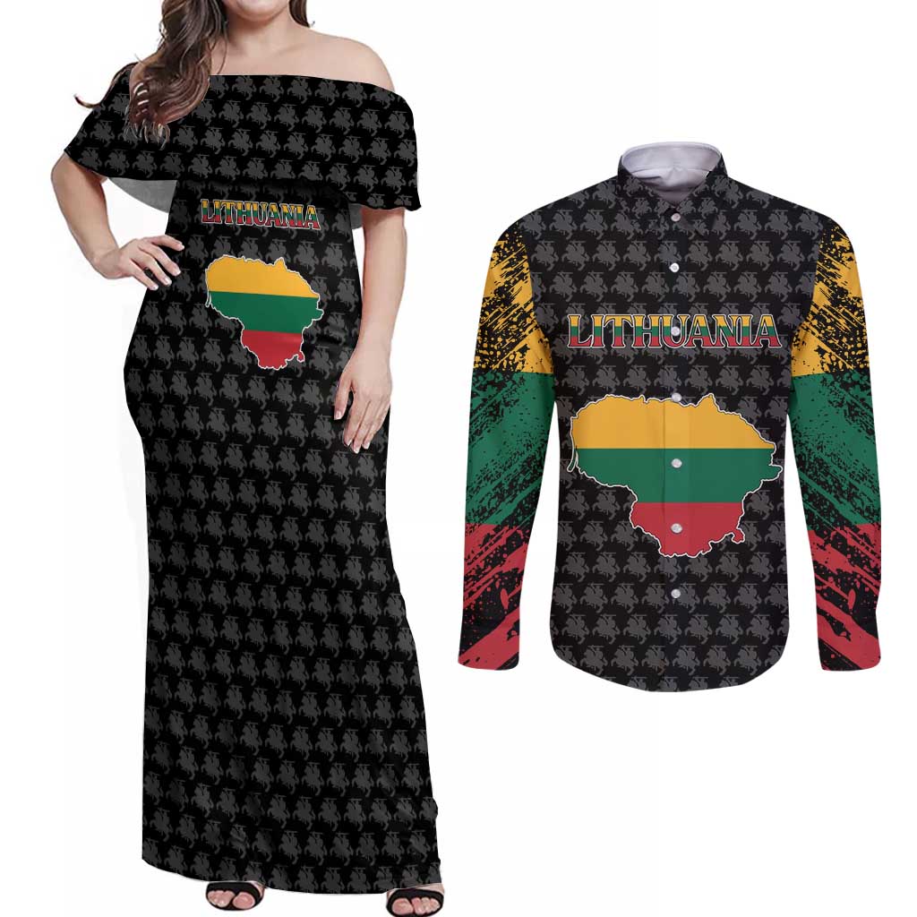 Lithuania Map Combined with National Coat of Arms Couples Matching Off Shoulder Maxi Dress and Long Sleeve Button Shirt Patriotic Design