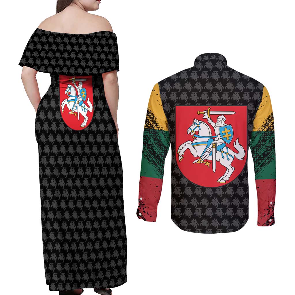 Lithuania Map Combined with National Coat of Arms Couples Matching Off Shoulder Maxi Dress and Long Sleeve Button Shirt Patriotic Design