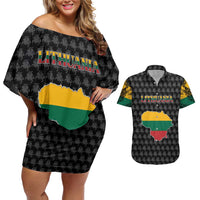 Lithuania Map Combined with National Coat of Arms Couples Matching Off Shoulder Short Dress and Hawaiian Shirt Patriotic Design