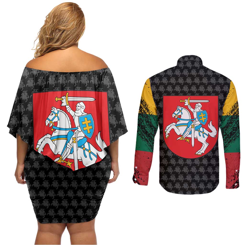 Lithuania Map Combined with National Coat of Arms Couples Matching Off Shoulder Short Dress and Long Sleeve Button Shirt Patriotic Design