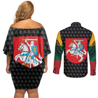 Lithuania Map Combined with National Coat of Arms Couples Matching Off Shoulder Short Dress and Long Sleeve Button Shirt Patriotic Design