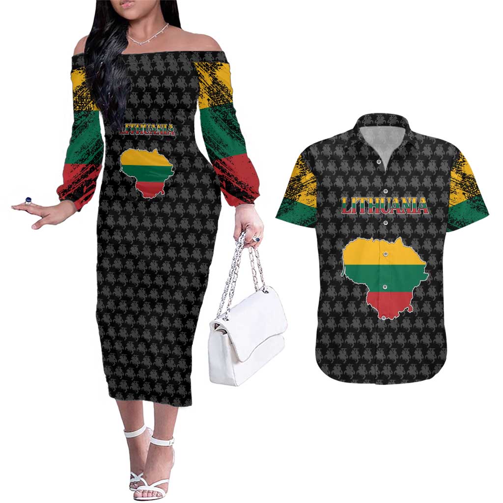 Lithuania Map Combined with National Coat of Arms Couples Matching Off The Shoulder Long Sleeve Dress and Hawaiian Shirt Patriotic Design