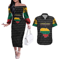 Lithuania Map Combined with National Coat of Arms Couples Matching Off The Shoulder Long Sleeve Dress and Hawaiian Shirt Patriotic Design