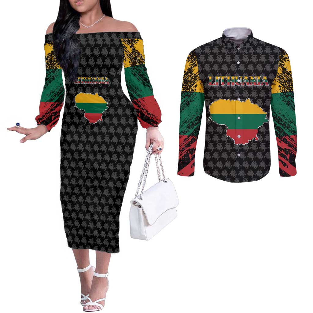 Lithuania Map Combined with National Coat of Arms Couples Matching Off The Shoulder Long Sleeve Dress and Long Sleeve Button Shirt Patriotic Design