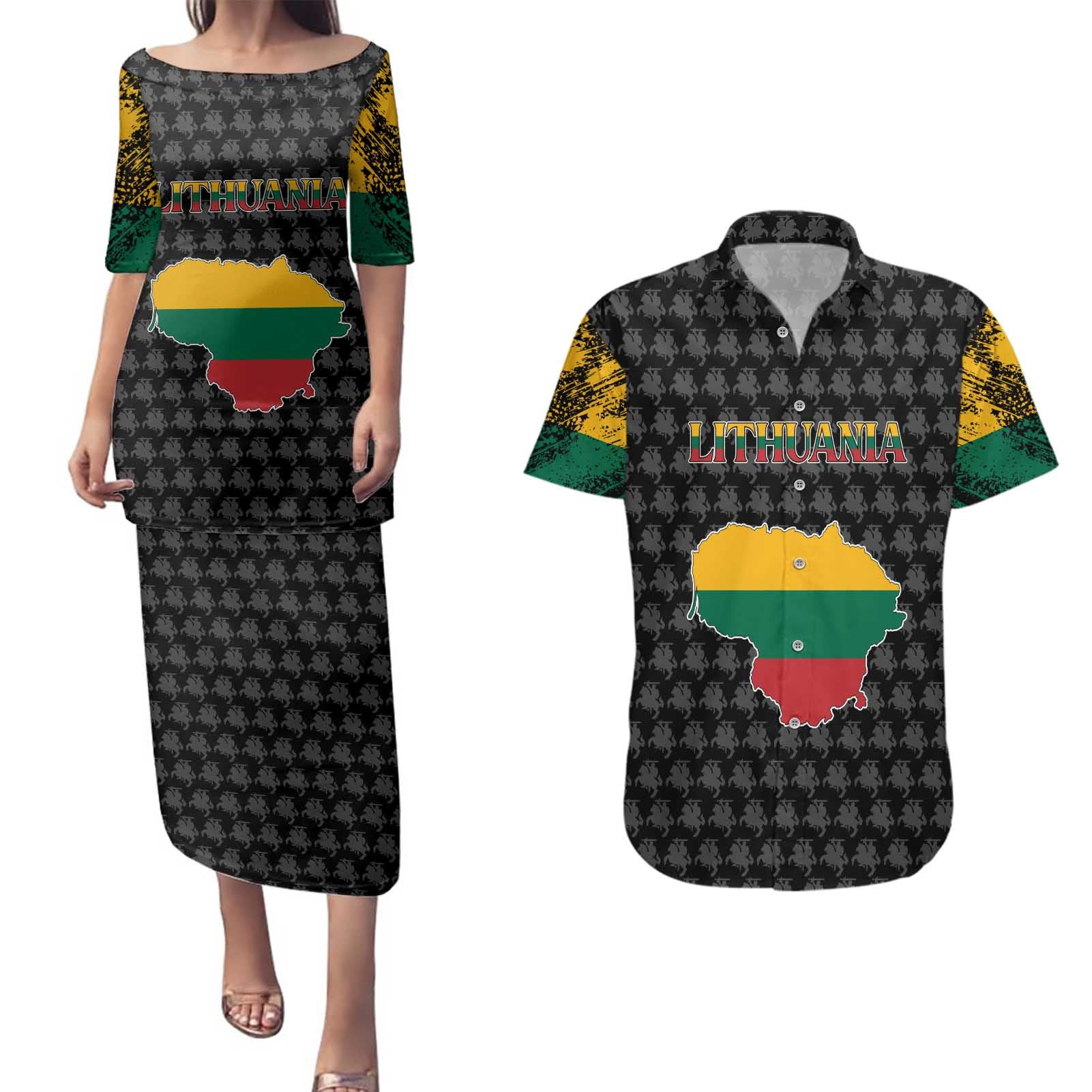 Lithuania Map Combined with National Coat of Arms Couples Matching Puletasi and Hawaiian Shirt Patriotic Design