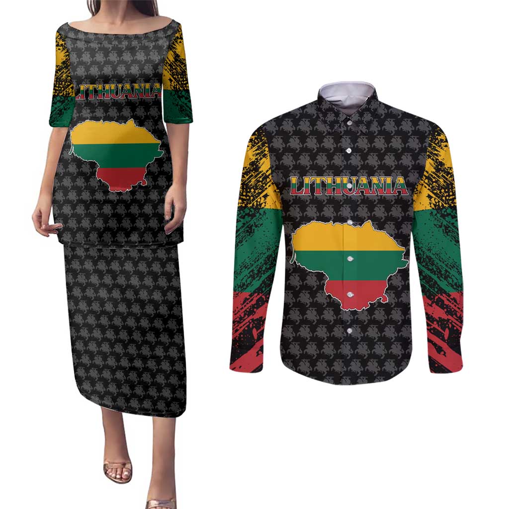 Lithuania Map Combined with National Coat of Arms Couples Matching Puletasi and Long Sleeve Button Shirt Patriotic Design