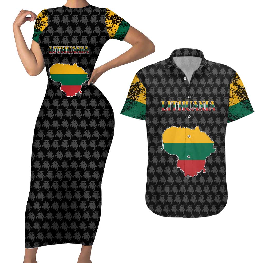 Lithuania Map Combined with National Coat of Arms Couples Matching Short Sleeve Bodycon Dress and Hawaiian Shirt Patriotic Design