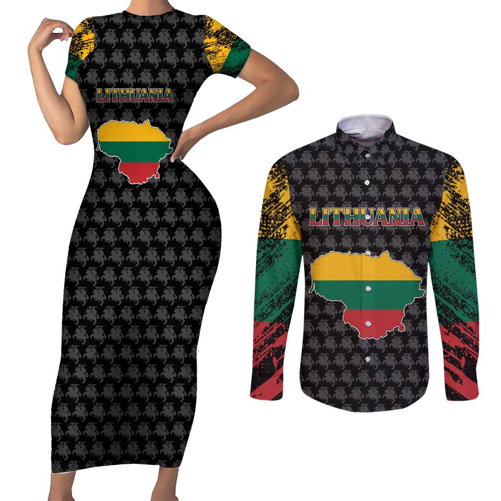 Lithuania Map Combined with National Coat of Arms Couples Matching Short Sleeve Bodycon Dress and Long Sleeve Button Shirt Patriotic Design