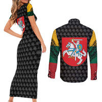 Lithuania Map Combined with National Coat of Arms Couples Matching Short Sleeve Bodycon Dress and Long Sleeve Button Shirt Patriotic Design