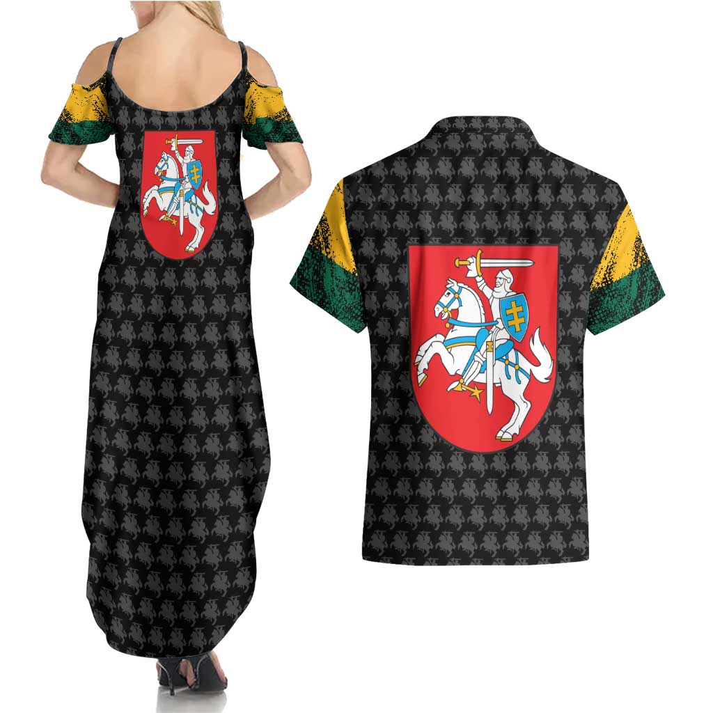 Lithuania Map Combined with National Coat of Arms Couples Matching Summer Maxi Dress and Hawaiian Shirt Patriotic Design
