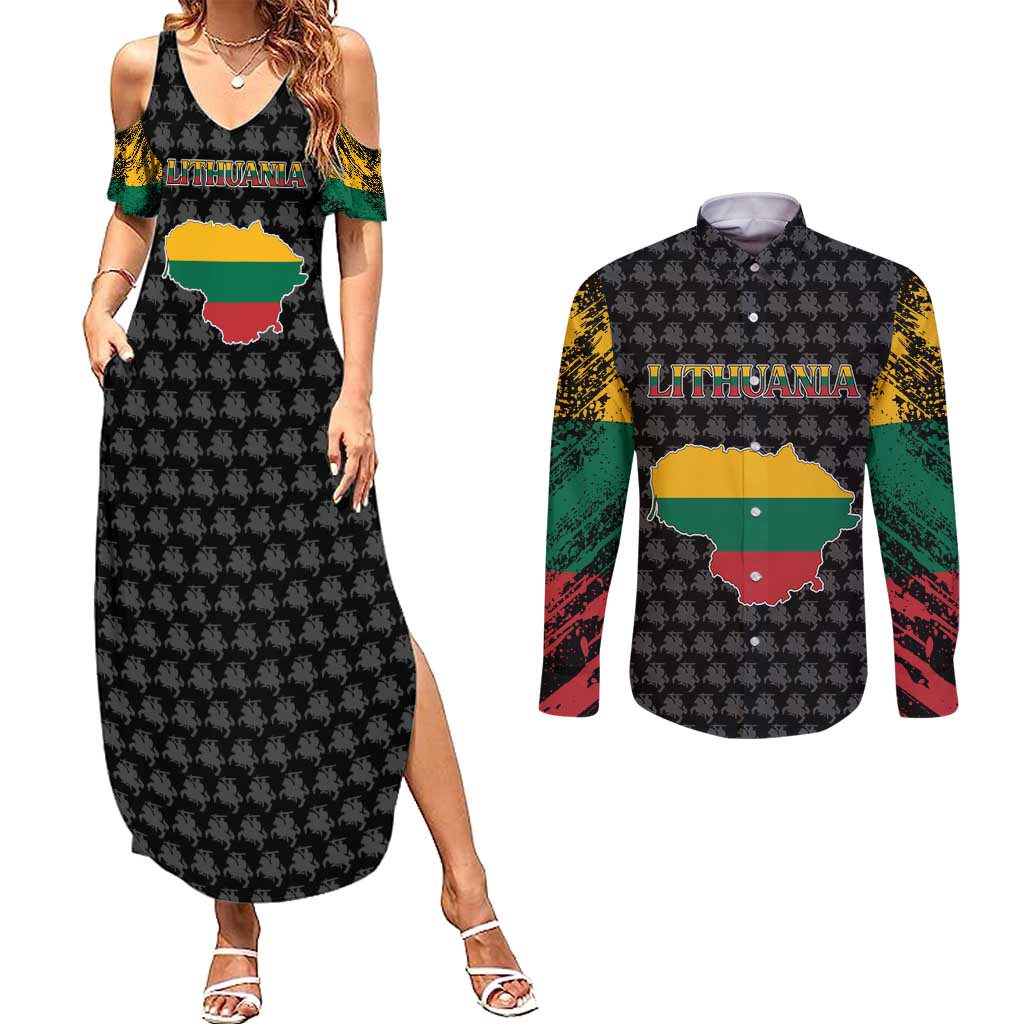 Lithuania Map Combined with National Coat of Arms Couples Matching Summer Maxi Dress and Long Sleeve Button Shirt Patriotic Design