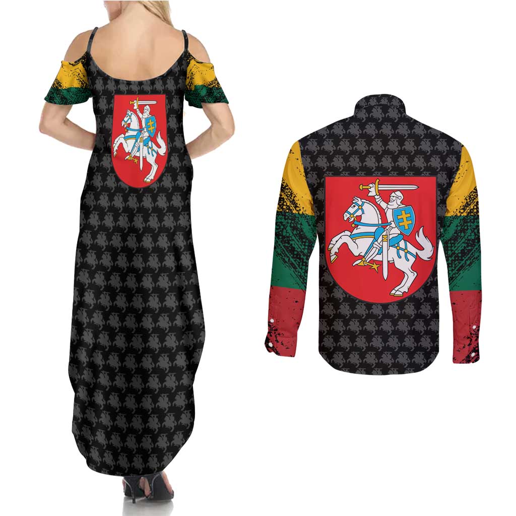 Lithuania Map Combined with National Coat of Arms Couples Matching Summer Maxi Dress and Long Sleeve Button Shirt Patriotic Design