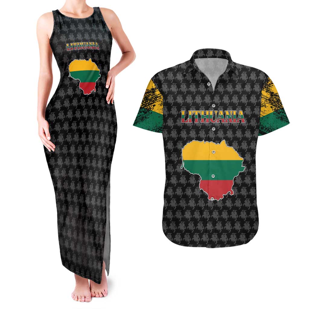 Lithuania Map Combined with National Coat of Arms Couples Matching Tank Maxi Dress and Hawaiian Shirt Patriotic Design