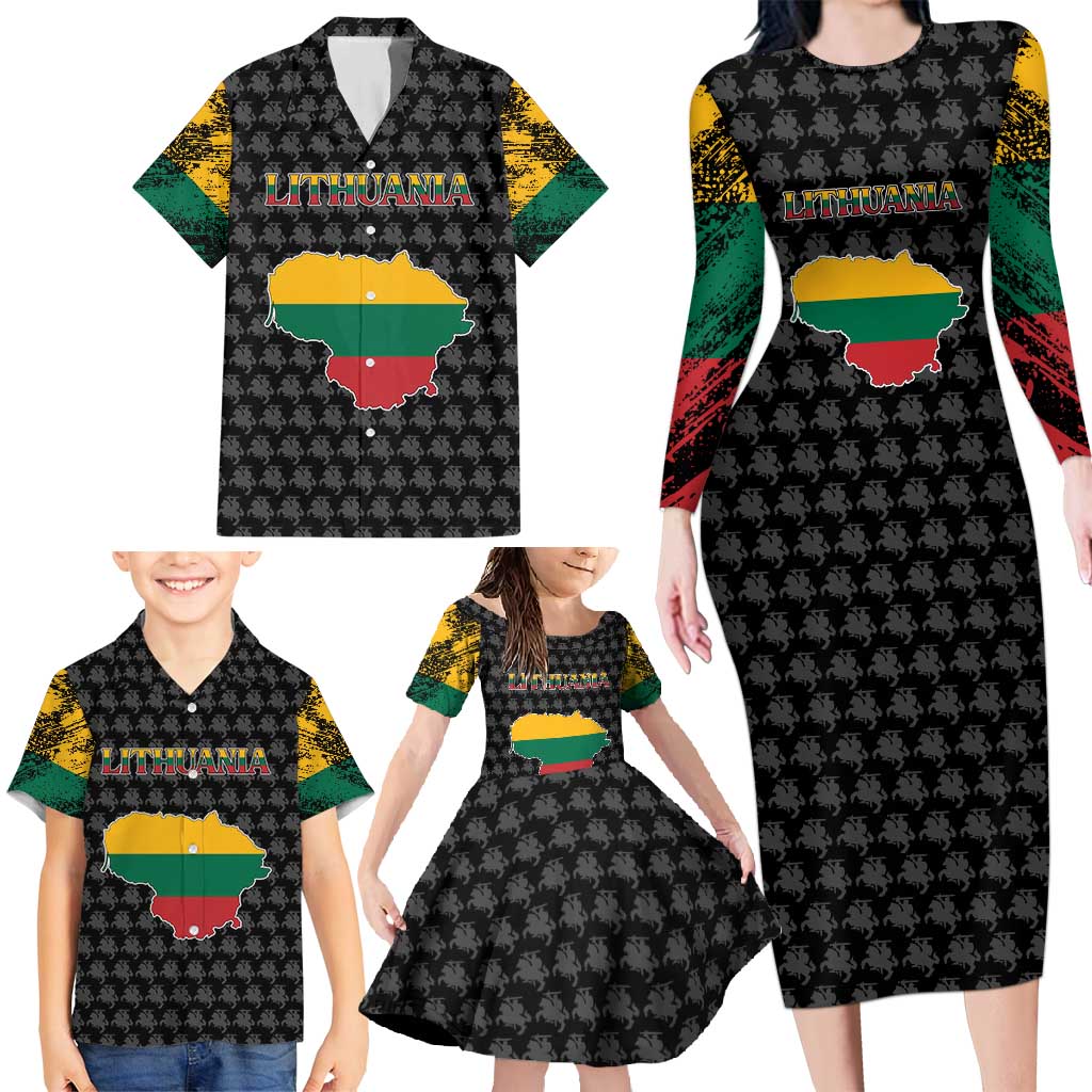 Lithuania Map Combined with National Coat of Arms Family Matching Long Sleeve Bodycon Dress and Hawaiian Shirt Patriotic Design