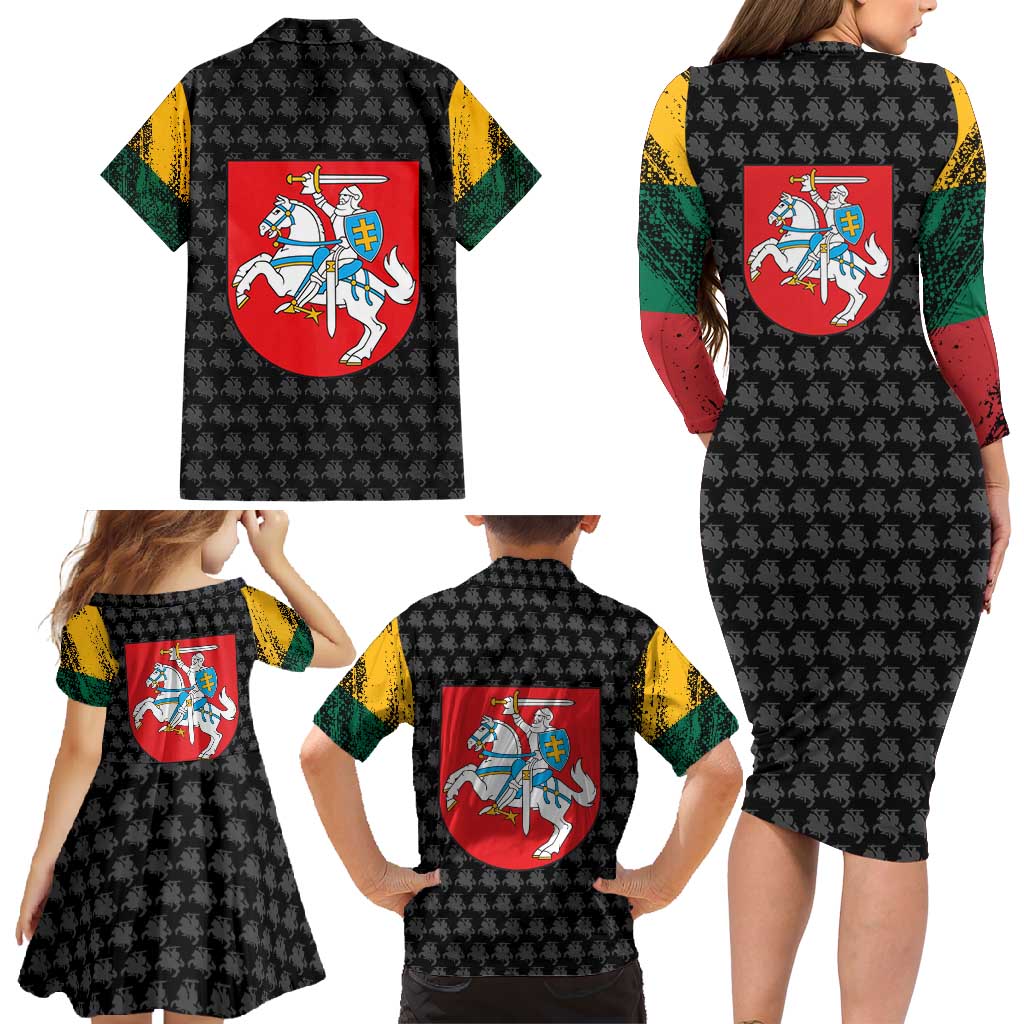 Lithuania Map Combined with National Coat of Arms Family Matching Long Sleeve Bodycon Dress and Hawaiian Shirt Patriotic Design