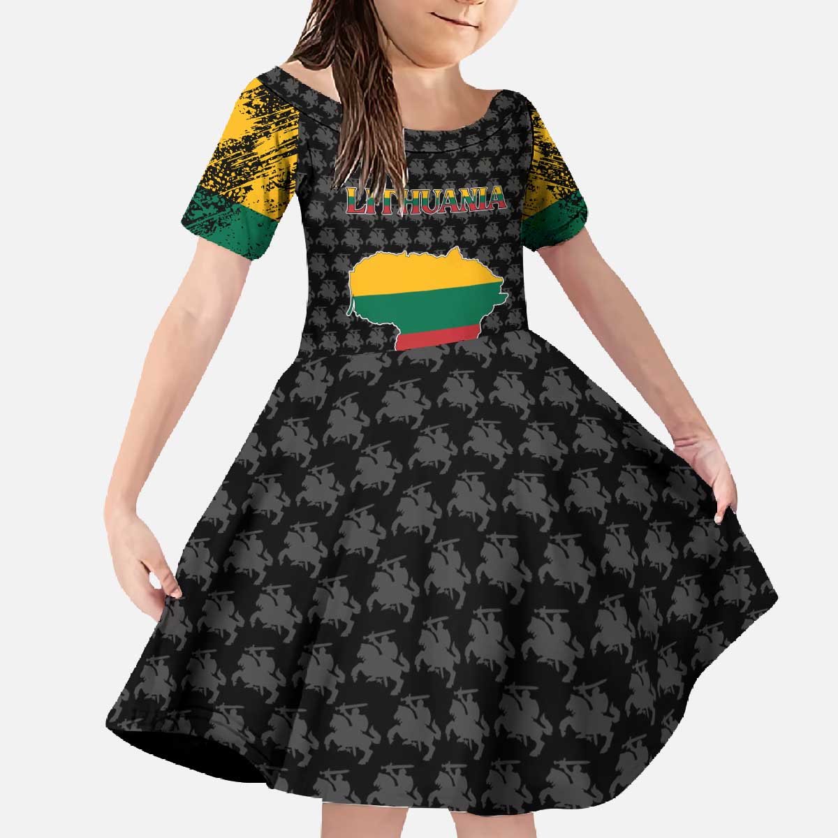 Lithuania Map Combined with National Coat of Arms Family Matching Off The Shoulder Long Sleeve Dress and Hawaiian Shirt Patriotic Design