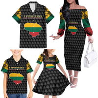 Lithuania Map Combined with National Coat of Arms Family Matching Off The Shoulder Long Sleeve Dress and Hawaiian Shirt Patriotic Design