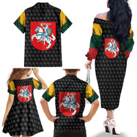 Lithuania Map Combined with National Coat of Arms Family Matching Off The Shoulder Long Sleeve Dress and Hawaiian Shirt Patriotic Design