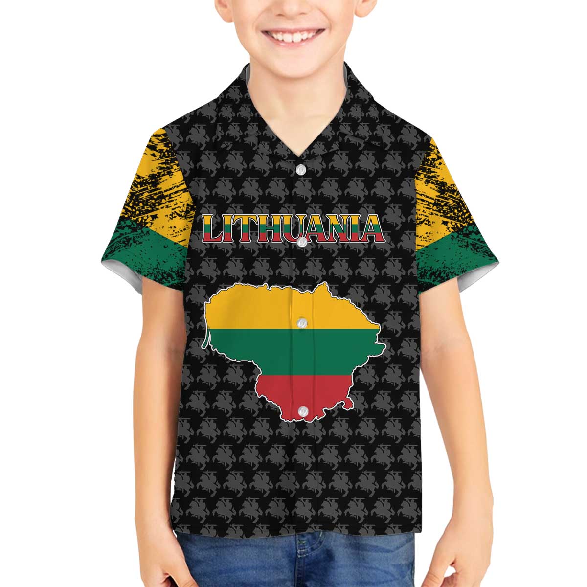 Lithuania Map Combined with National Coat of Arms Family Matching Off The Shoulder Long Sleeve Dress and Hawaiian Shirt Patriotic Design