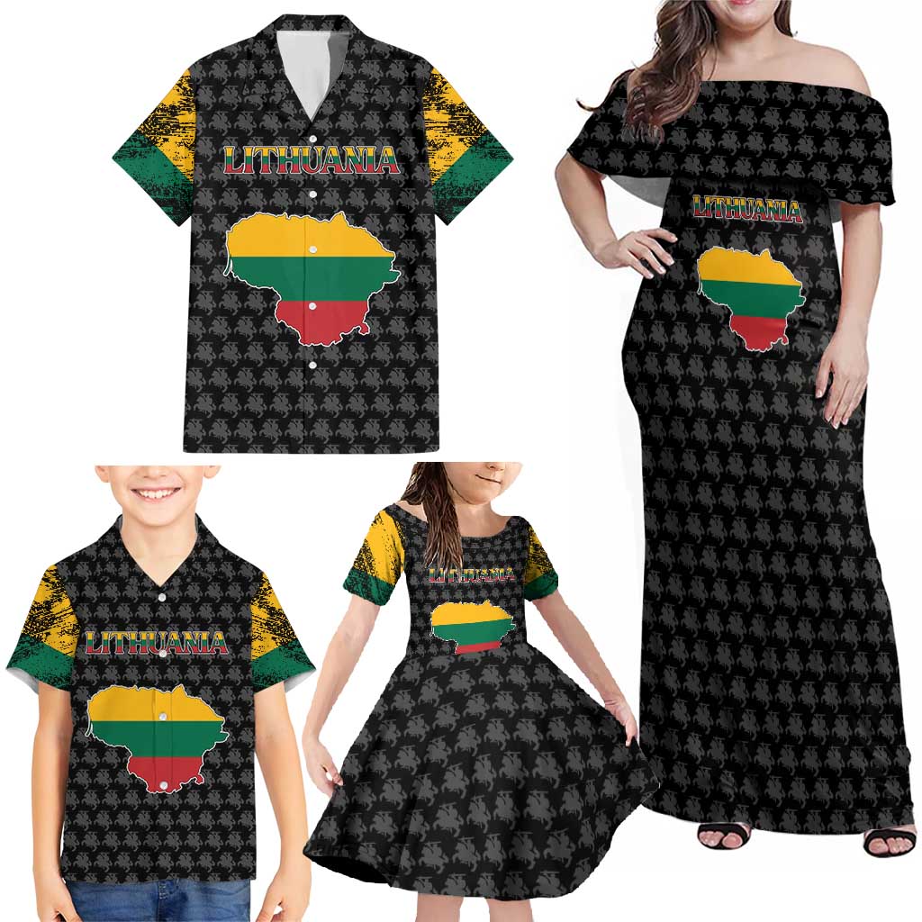 Lithuania Map Combined with National Coat of Arms Family Matching Off Shoulder Maxi Dress and Hawaiian Shirt Patriotic Design