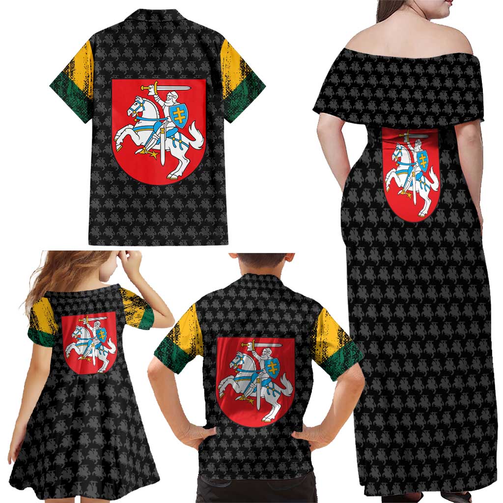 Lithuania Map Combined with National Coat of Arms Family Matching Off Shoulder Maxi Dress and Hawaiian Shirt Patriotic Design