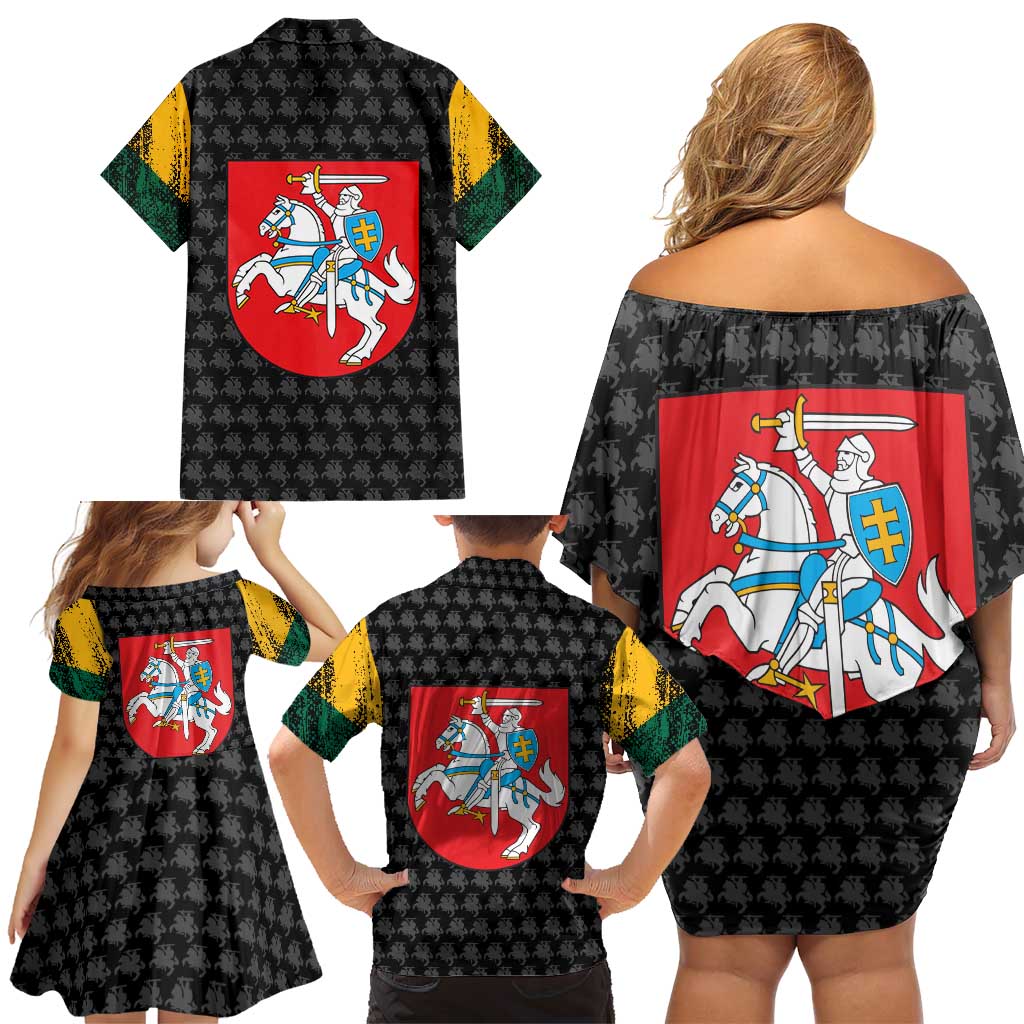 Lithuania Map Combined with National Coat of Arms Family Matching Off Shoulder Short Dress and Hawaiian Shirt Patriotic Design