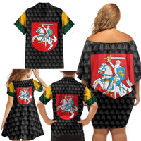 Lithuania Map Combined with National Coat of Arms Family Matching Off Shoulder Short Dress and Hawaiian Shirt Patriotic Design