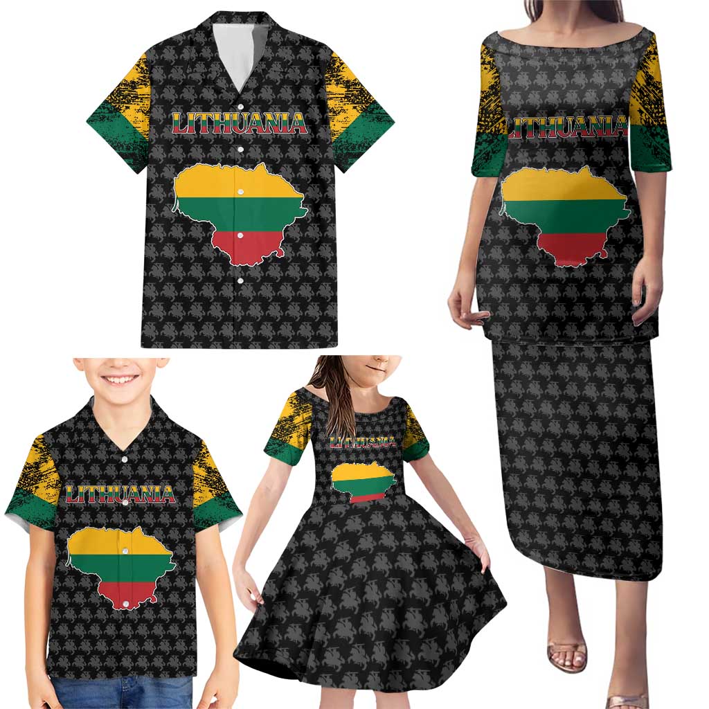 Lithuania Map Combined with National Coat of Arms Family Matching Puletasi and Hawaiian Shirt Patriotic Design