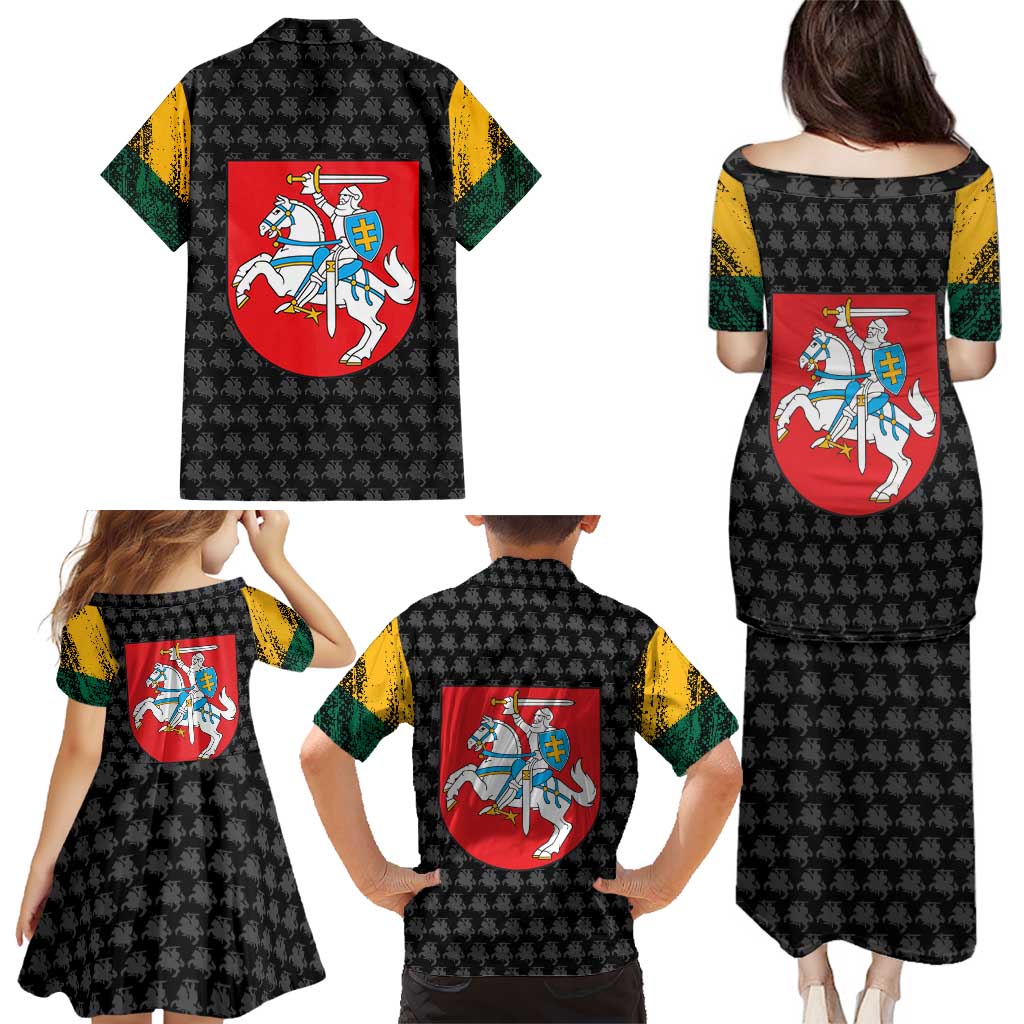 Lithuania Map Combined with National Coat of Arms Family Matching Puletasi and Hawaiian Shirt Patriotic Design