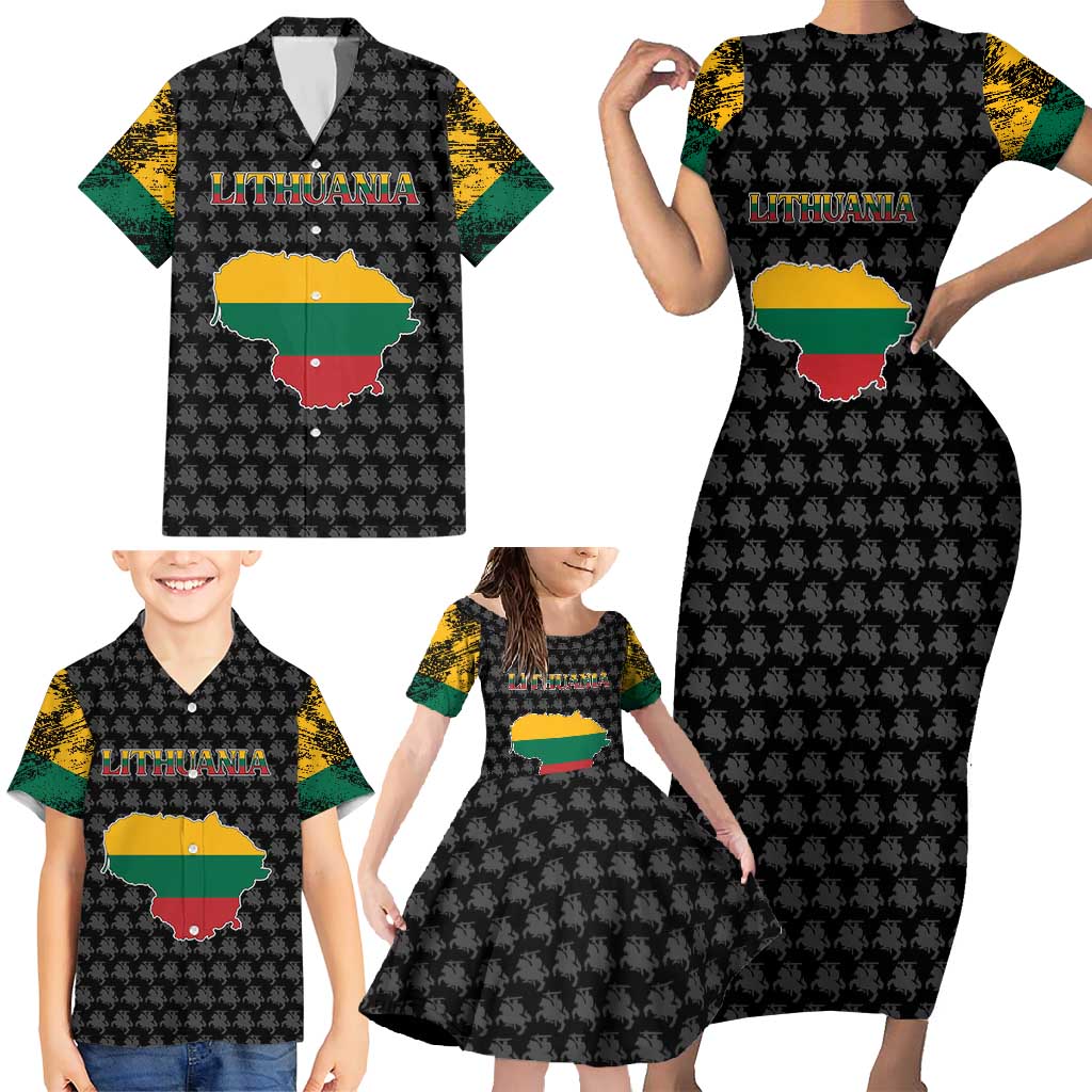 Lithuania Map Combined with National Coat of Arms Family Matching Short Sleeve Bodycon Dress and Hawaiian Shirt Patriotic Design