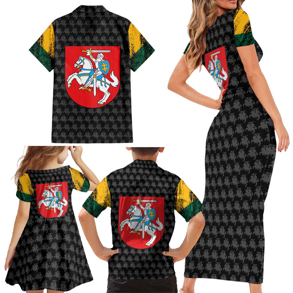 Lithuania Map Combined with National Coat of Arms Family Matching Short Sleeve Bodycon Dress and Hawaiian Shirt Patriotic Design