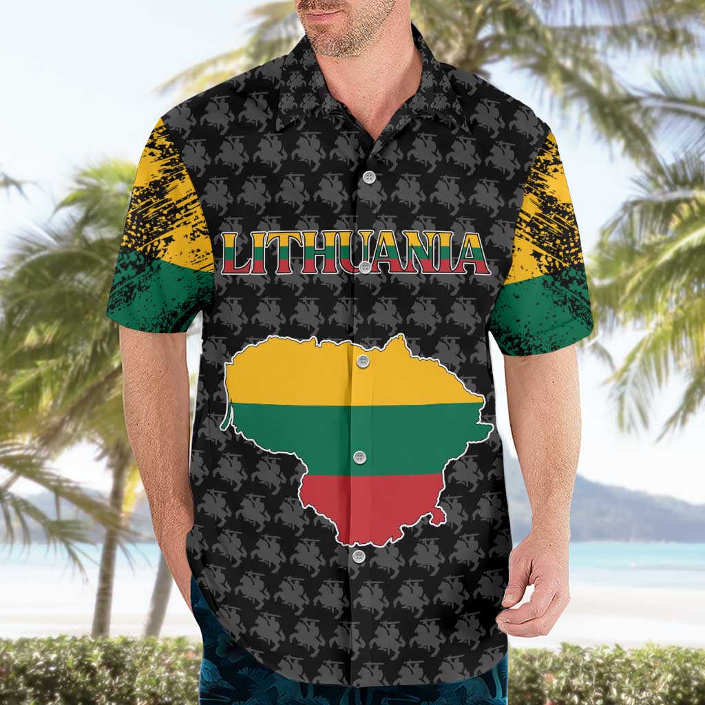 Lithuania Map Combined with National Coat of Arms Hawaiian Shirt Patriotic Design